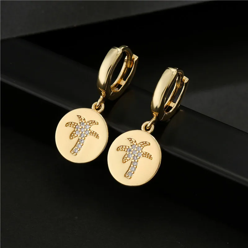 

Summer Trendy 18k Gold Plated Crystal Rhinestone Tree Drop Earrings Micro CZ Pave Palm Tree Hoop Earrings