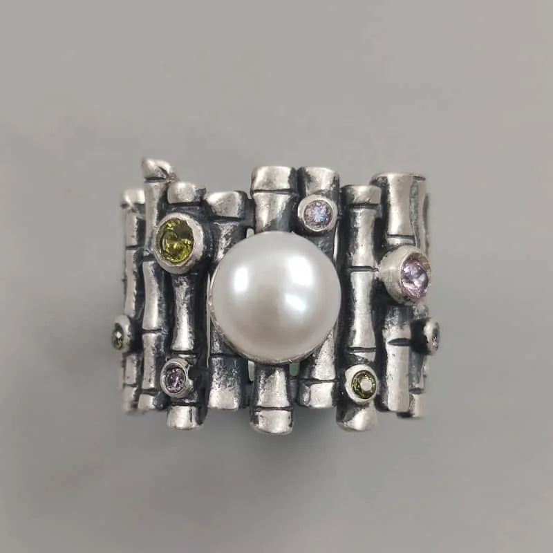 

High quality 18k gold plated jewelry S925 Pearl Rings Women Zircon CZ Bamboo Gift Real 925 sterling silver ring, White gold (rose gold, yellow are avaliable)