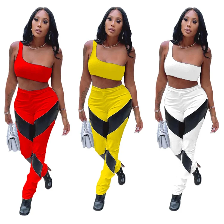 

Wholesale sleeveless streetwear solid color fall plus size fashionable one shoulder two piece set splicing