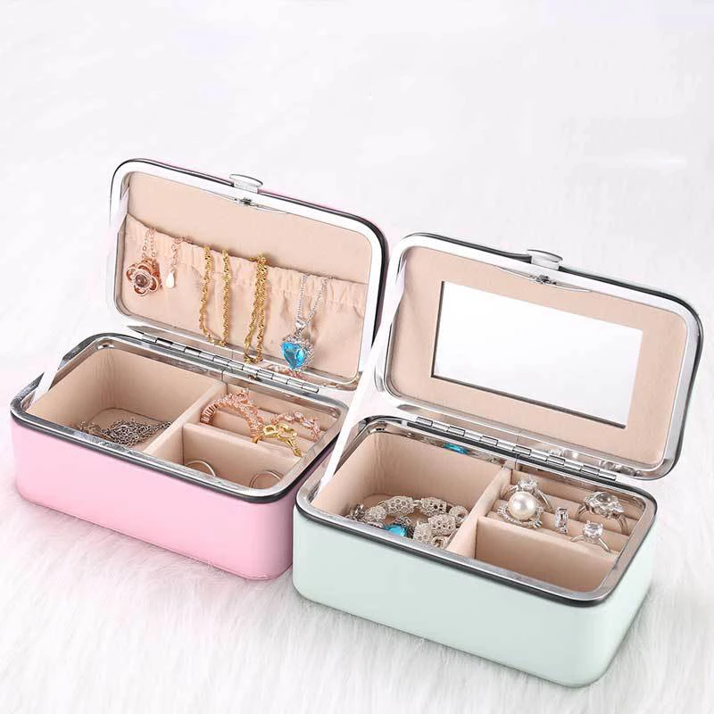 

Stock PU Leather Portable Storage Necklace Ring Packaging Box Travel Jewelry Box Organizer With Mirror, Pink, red, blue, black