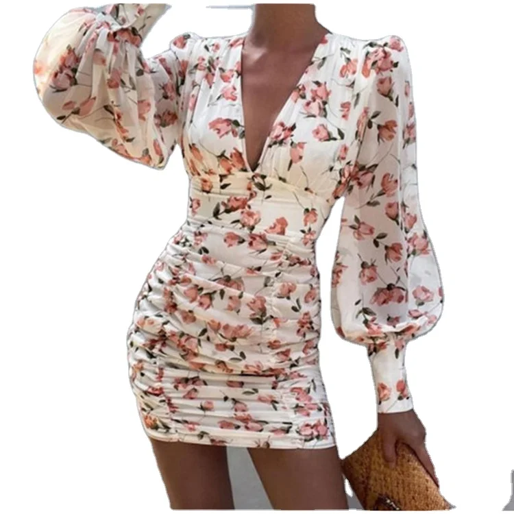 

women elegant long lantern sleeve short dress v neck empire waist floral formal women dress for female in 2022 she in