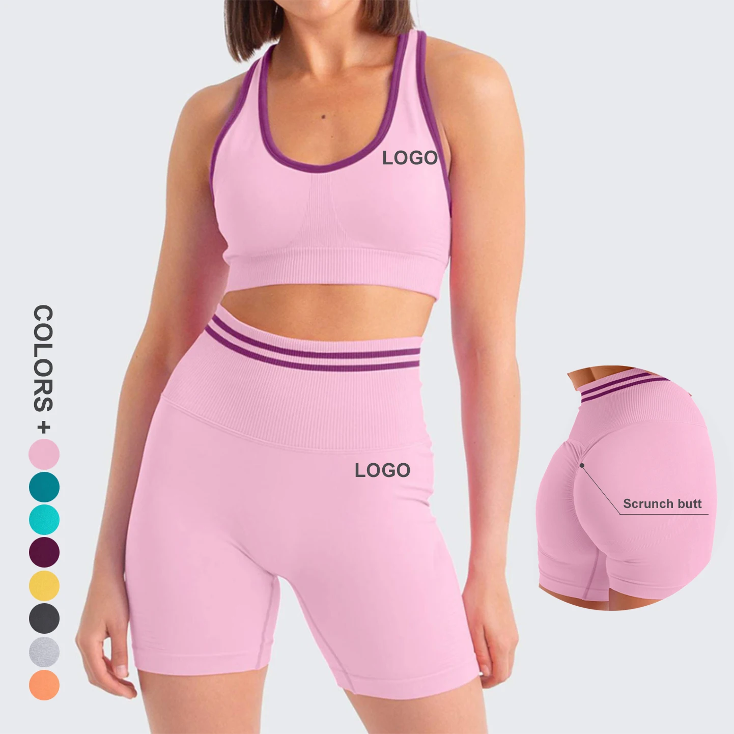 

New Summer 2021 Oem Custom Logo Scrunch Sutt Shorts Set 2 Piece Pink Sameless Yoga Training Workout Gym Wear Clothes Women Set, Can do as your require