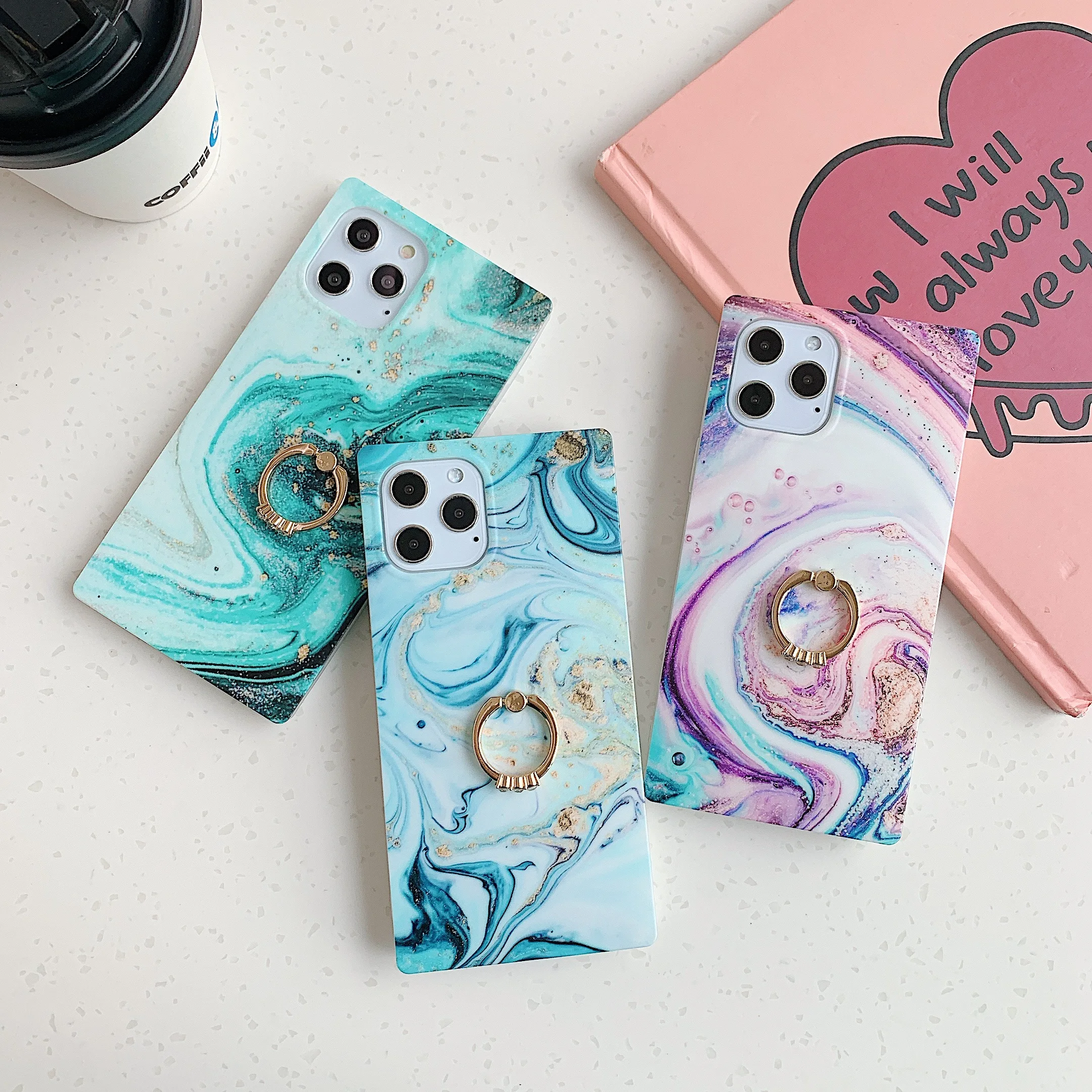 

Square Marble Phone Case With Ring Holder For Iphone 13 12 11 Pro Max xsmax