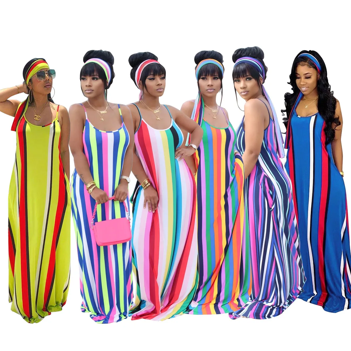 

2021 new arrival stripe color sleeveless backless floor length loose women plus size casual dress African dresses