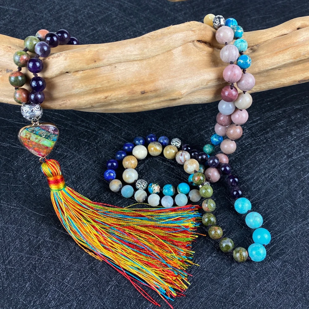 

2021 unique Boho style natural stone colorful tassels charm Beads Knotted Bohemia Lariat long Necklace Yoga Energy gift jewelry