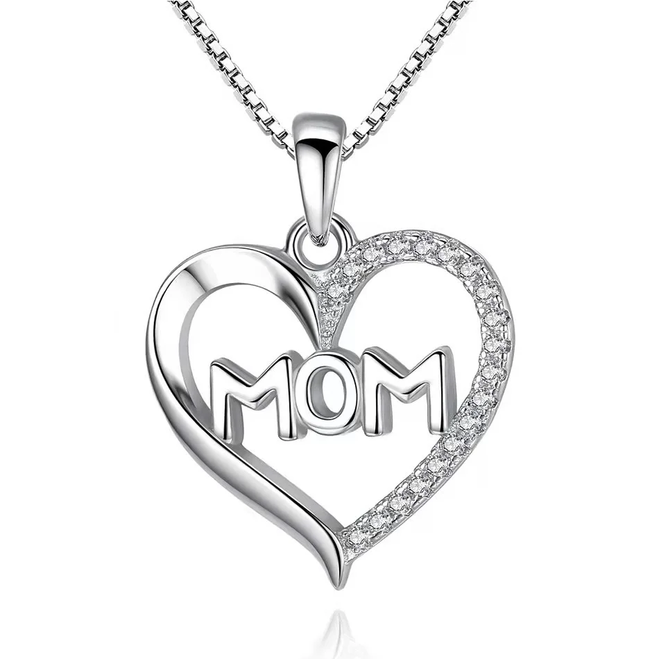 

2022 Mother's Day Jewelry Luxury Hollow Love Heart Necklace For Women Bling Zircon Letter 925 Sterling Silver Mom Necklace Gifts