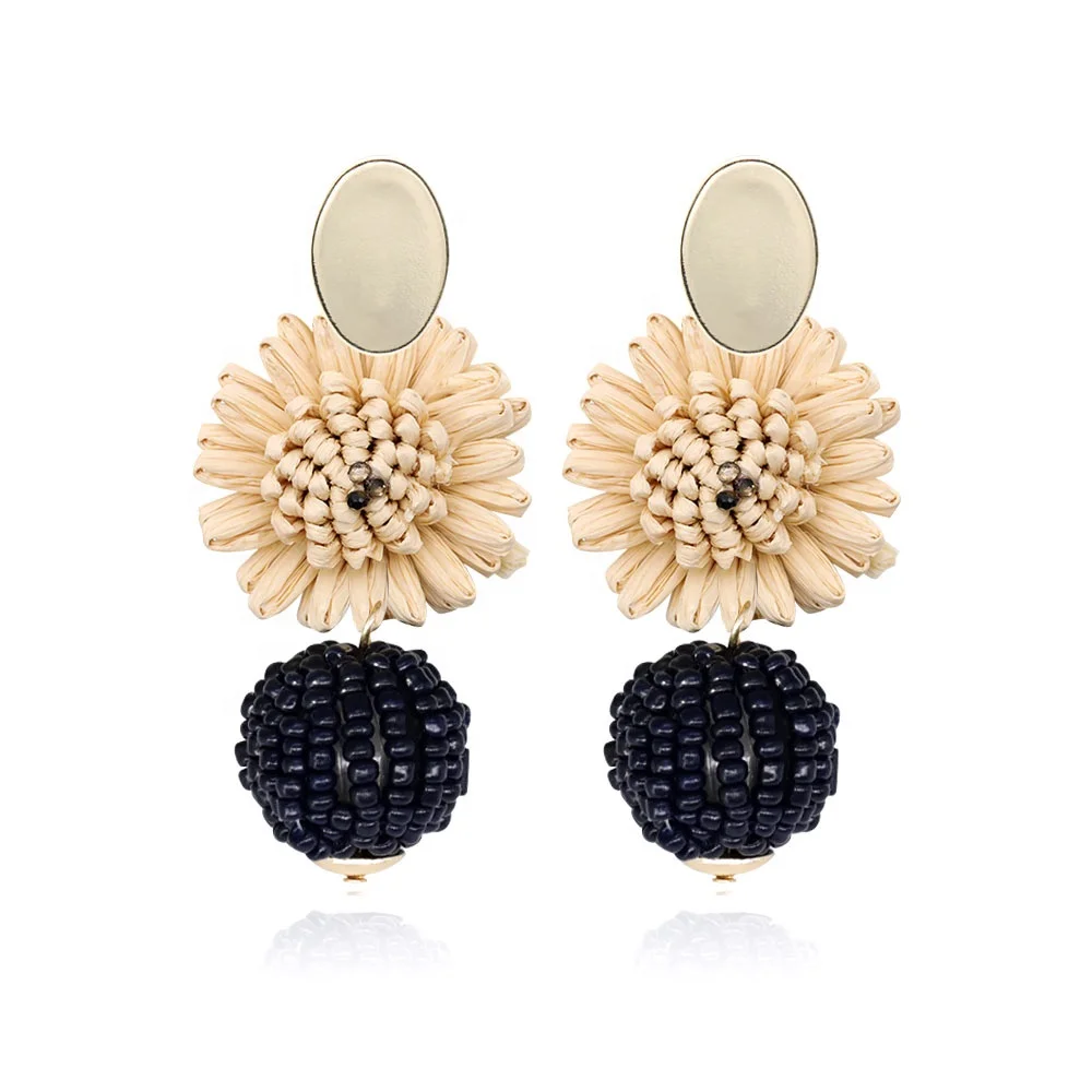 

2022 handmade fashion jewelry Gold raffia flower Seed Beaded Ball drop earrings women fashion earrings women