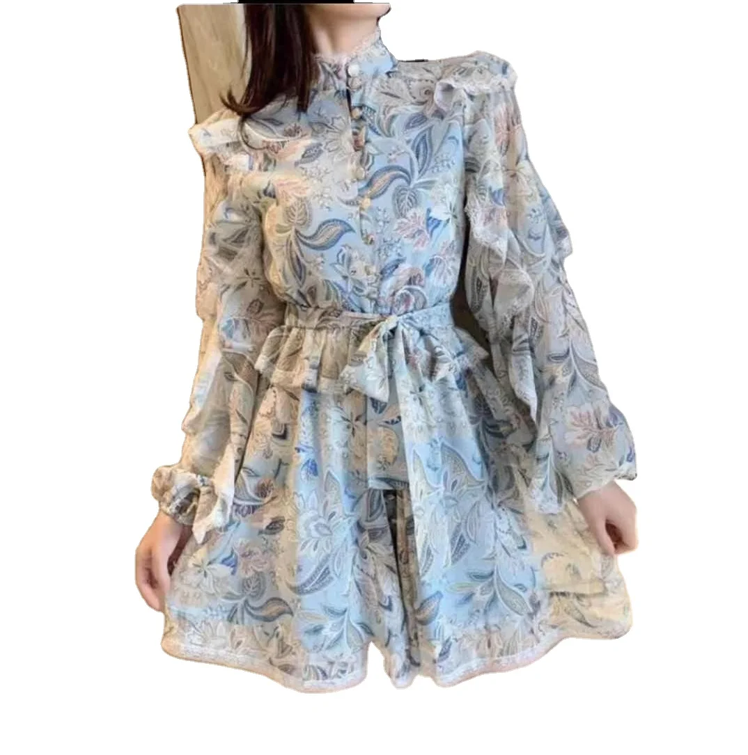 

Lantern Sleeve Patchwork Floral Pattern Print Stand Sweet Designer Brand Basic Dress Women Clothing