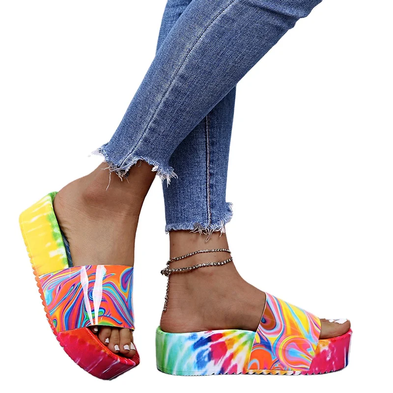 

European and American large sandal color graffiti viscose flat heel thick soles round head fashion sandals women, As shown in figure