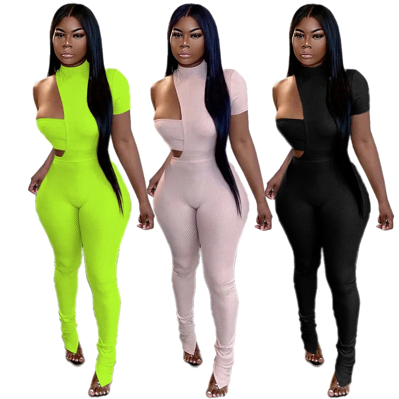 

Summer Wears 2021 Women Clothing One Shoulder Ladies Jumpsuit 2 Piece Set Women Clothing Two Pieces Pants Sets Women Summer Set