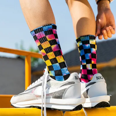 

sxx123 Tie-dye socks for men and women in tube sweat-absorbent terry breathable check high tube socks, As picture