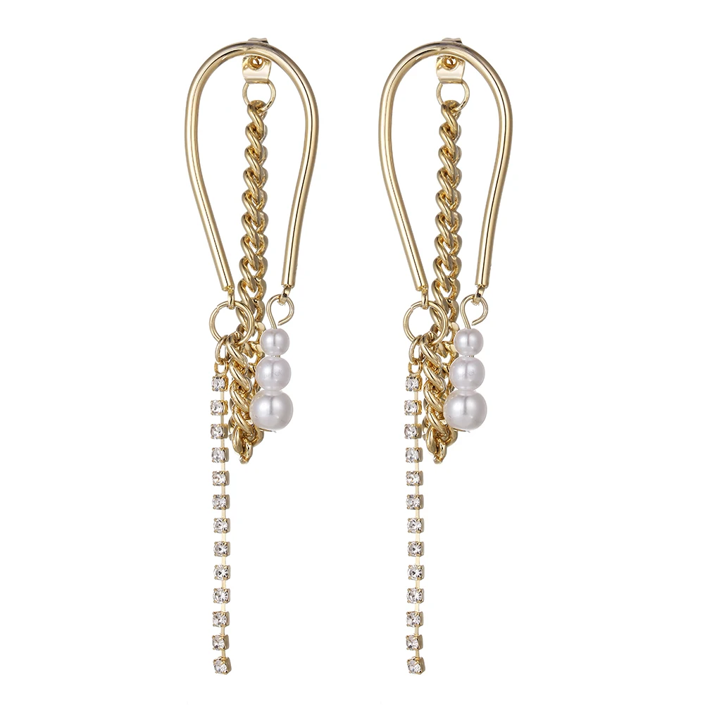 

Luxury Gold Plated Long Crystal Metal Dangle Long Tassel Chain Pearls Pendant Earrings, Picture