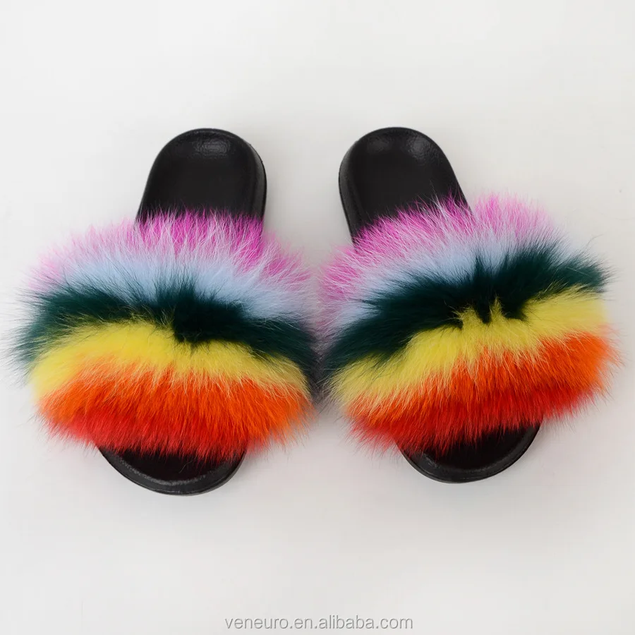 

2020 Fashion Women Natural Real Fur Slippers Furry Sandals Custom Big Fur Fox Fur Slides Women, Customized color