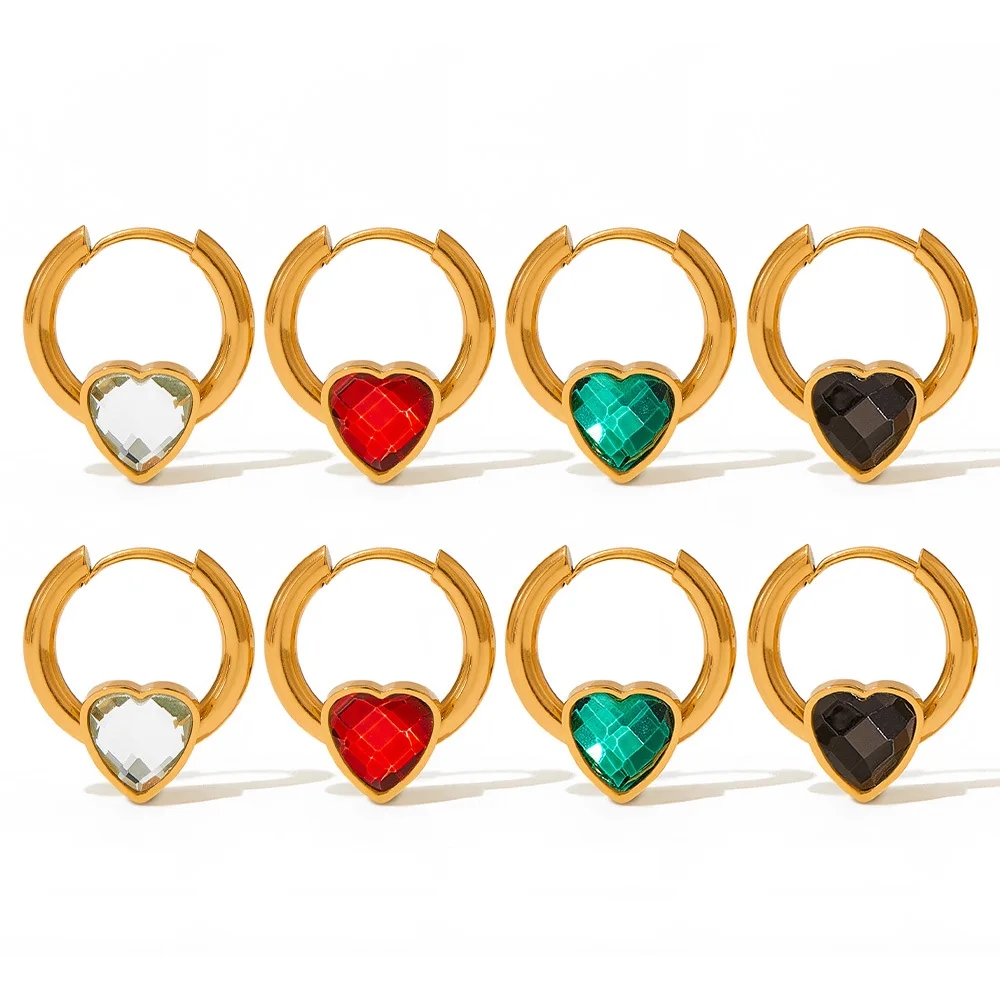 

Sweet Round Chunky Huggie Earrings for Women 18K Gold Plated Stainless Steel Colorful Love Heart Zircon Hoop Earrings