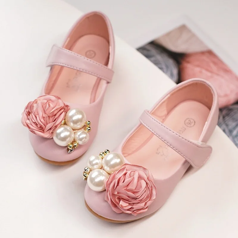 

Hot Sale Fashion Girl Brand Magic Sticker Child Pearl Flower Shoes, Pink beige