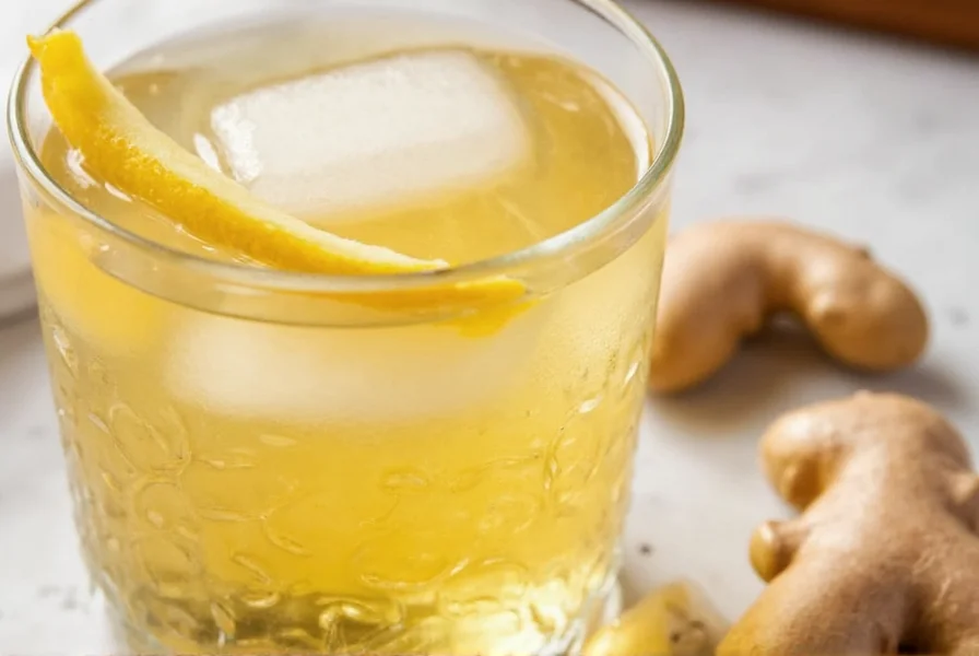 Fresh ginger slices steeping in clear glass pitcher of water with lemon slices