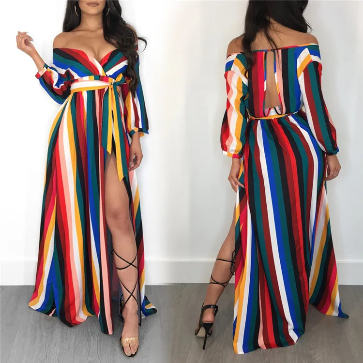 

Wholesale Plus Size Women Dresses Casual Fashion Striped Slip Floor Length Long Sleeve Maxi Dresses Women