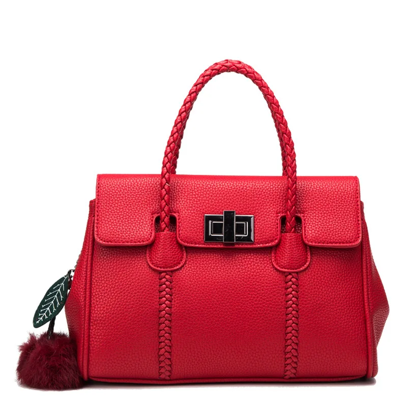 

Genuine leather women handbags weave handle shoulder lychee pattern luxury bag fashion large capacity bag lady's handbag