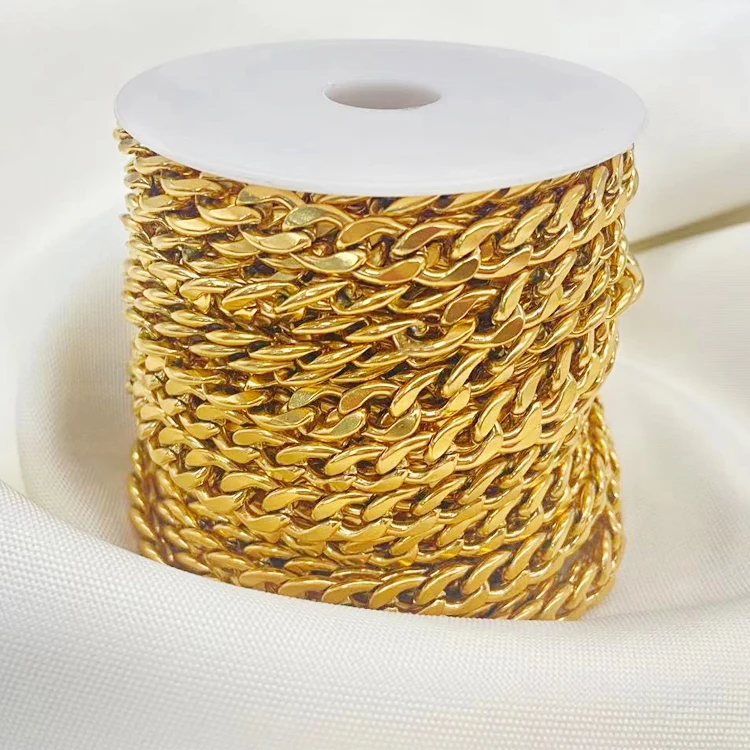 

High Quality Vacuum Electroplated Stainless Steel Cuban Chain Roll For DIY Jewelry Making, Gold