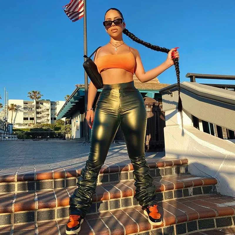 

hot sale girls' pants solid color trousers casual sexy high waist leather stack sweat pants for ladies