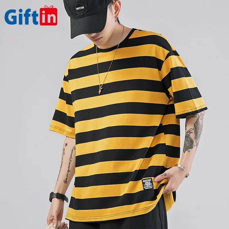 

Hot sell shirts for men 100%cotton striped embroidery oversize street wear t-shirt custom cheap wholesale, Yellow and black striped ,blank and blue striped and so on