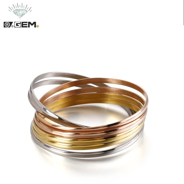 

R.GEM. Plating 18 K Gold 3 Colors 7 Pieces/set Stainless Steel Bangle Set for Women