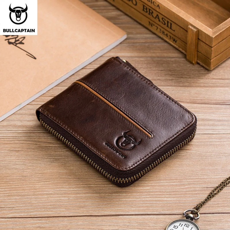 

BULLCAPTAIN new leather men's RFID wallet multi-card business card holder zipper driver's license leather wallet purse, Brown