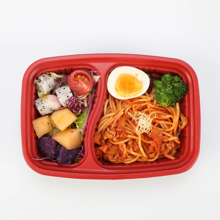 thick red black disposable fast food container with thick clear lid and 2 compartment