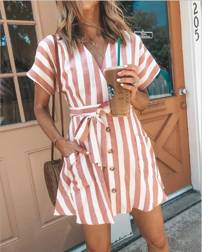

Ready To Ship Amazon Top Seller Women Stripe V Neck Short Sleeve Mini Casual Dress, Same as picture