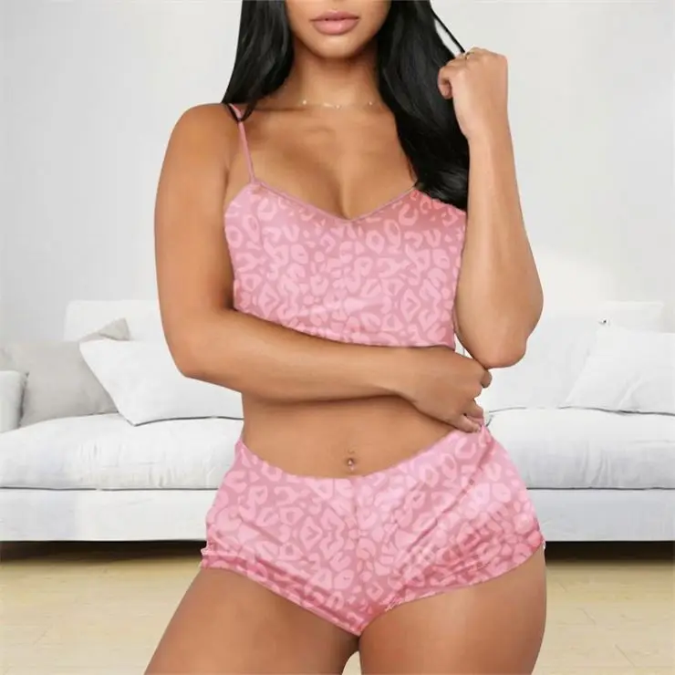 

MOEN Hot Sale Spaghetti Strap Leopard Grain Loungewear Two Piece Short Sets For women 2 piece set clothing