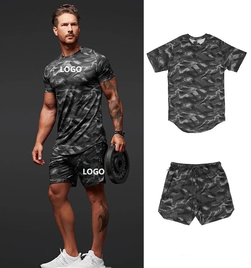 

anxin xueyu Fitness Wear Custom Logo Polyester Camo Short Sleeve T-shirt Shorts Training Compression Workout Men Short GYM Sets, Customizable