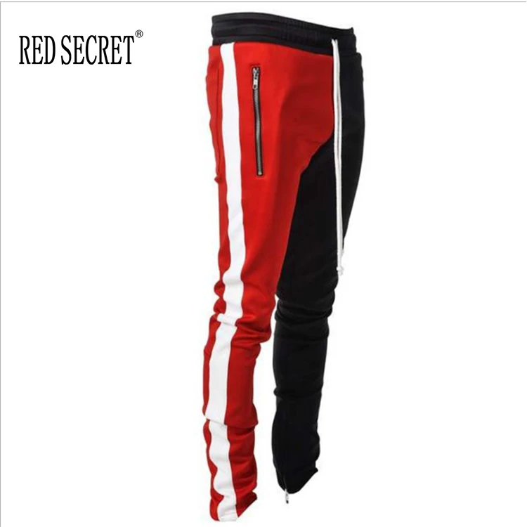 Men Hip Hop Color Block Patchwork Slim Fit Track Pants Skinny Athletic Sports  Jogger Trouser Bottom With Side Taping