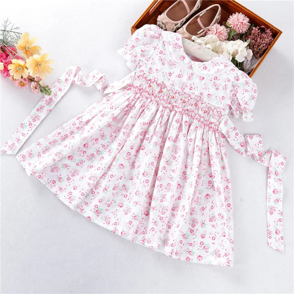 

summer kids clothing white hand made smocked flower floral toddler baby girls dresses cotton children's clothes H032063