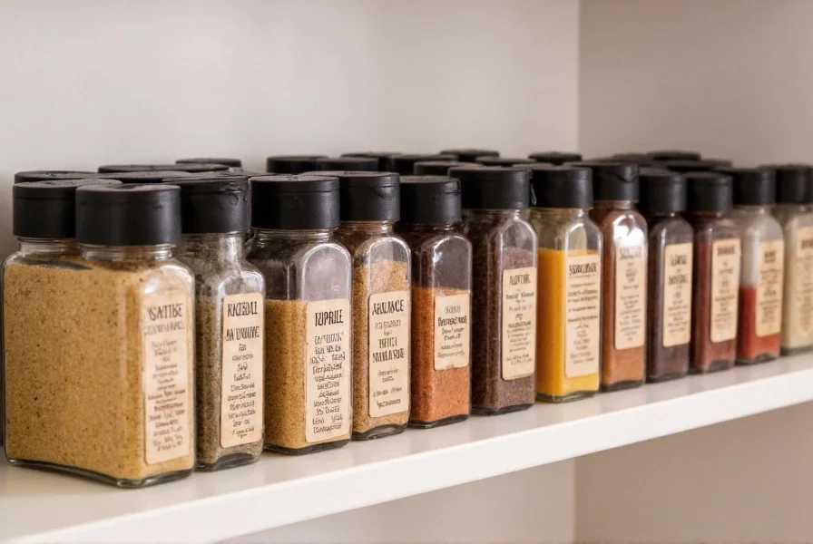 Various airtight spice containers arranged on kitchen shelf with proper labeling
