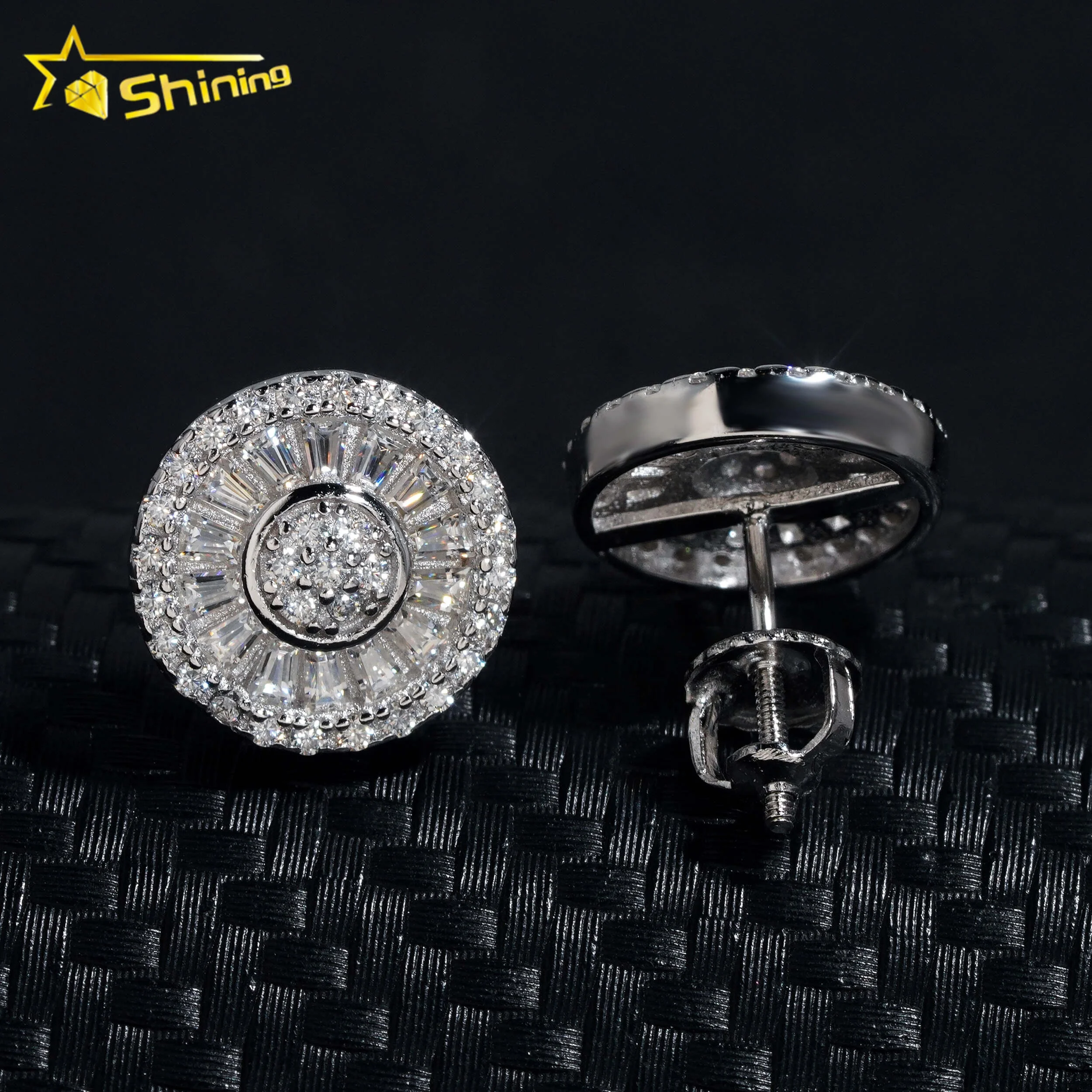 Round Shape Hip Hop 925 Sterling Silver Iced Out VVS Baguette Diamond Moissanite Earring