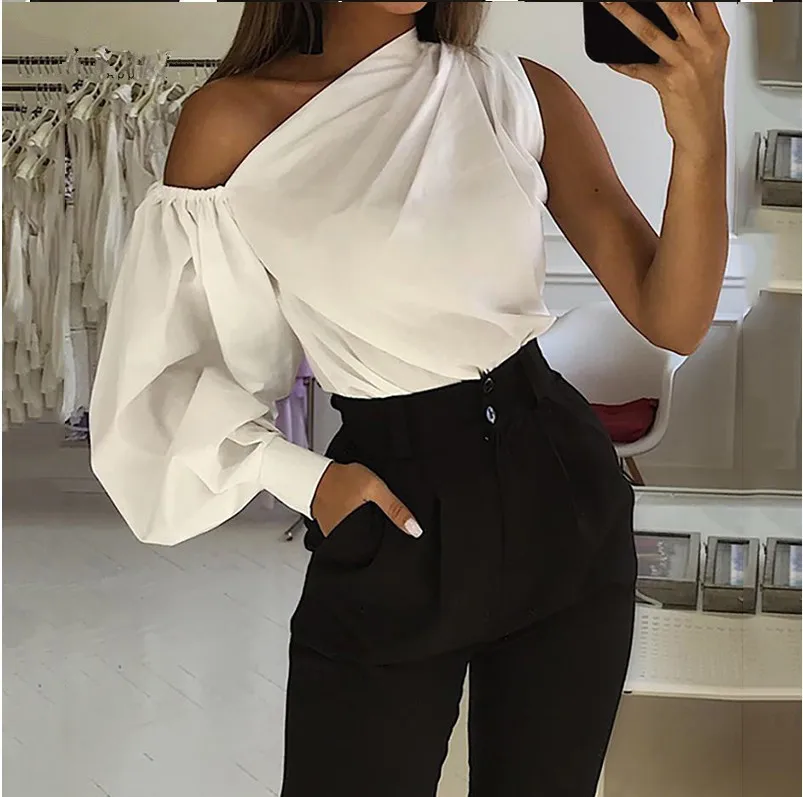 

New Design Fashion Fall Casual 3 Color Single Shoulder Top Puff Sleeve Shirt For Women, White/black/wine red
