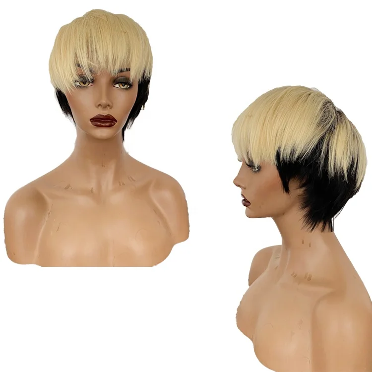 

Pixie Cut Short Straight Bob Wigs 613 and Natural Ombre Color Virgin Human Hair Full Lace or None Lace Wig, 613/1b