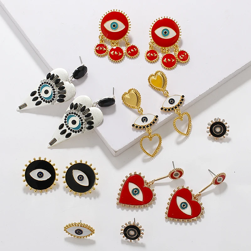 

14K 18K Gold Stud Drop Earrings Lady's Fashion Evil Enamel Eye Red Heart Stud Earring Bohemian Love Heart Statement Earrings, Black/red/white/yellow/pink