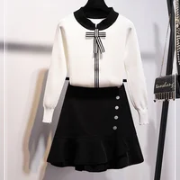 

2 Piece Skirt Set Korean Style Sweet Women 2 Piece Set Fall autumn White Knitted Sweater Casual Two Piece Outfits