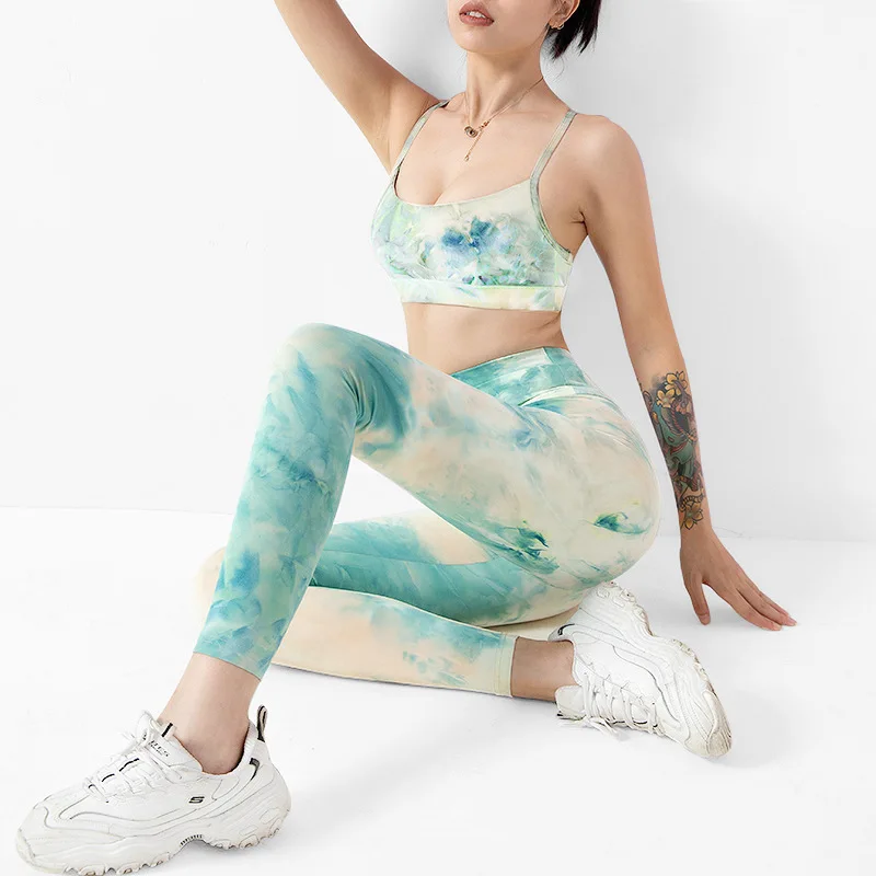 

High Quality Custom Logo Print Female Gym Fitness Two Piece Set Tie Dye Ladies 2 Piece Sport Set Women Yoga Suit, As picture