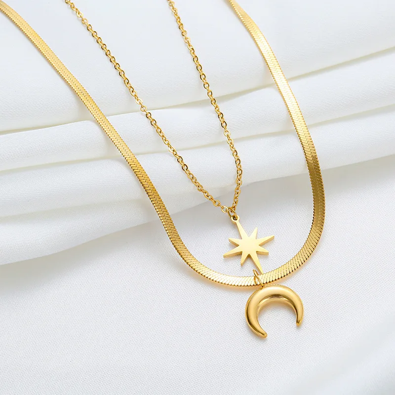 

Simple Double Layer Eight Pointed Star Crescent Pendant Necklace 18k Gold Plated Fashion Necklace Ladies Jewelry Hot Sale