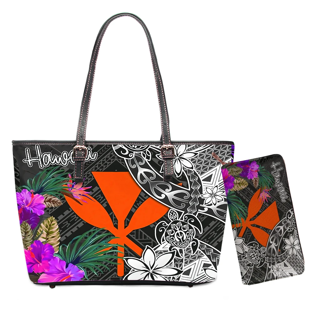 

Polynesian Floral Pattern 2 Piece Women Handbags With Wallet Printed Customized Wholesale PU Ladies Tote Bag And Hawaii Purses, Customizable