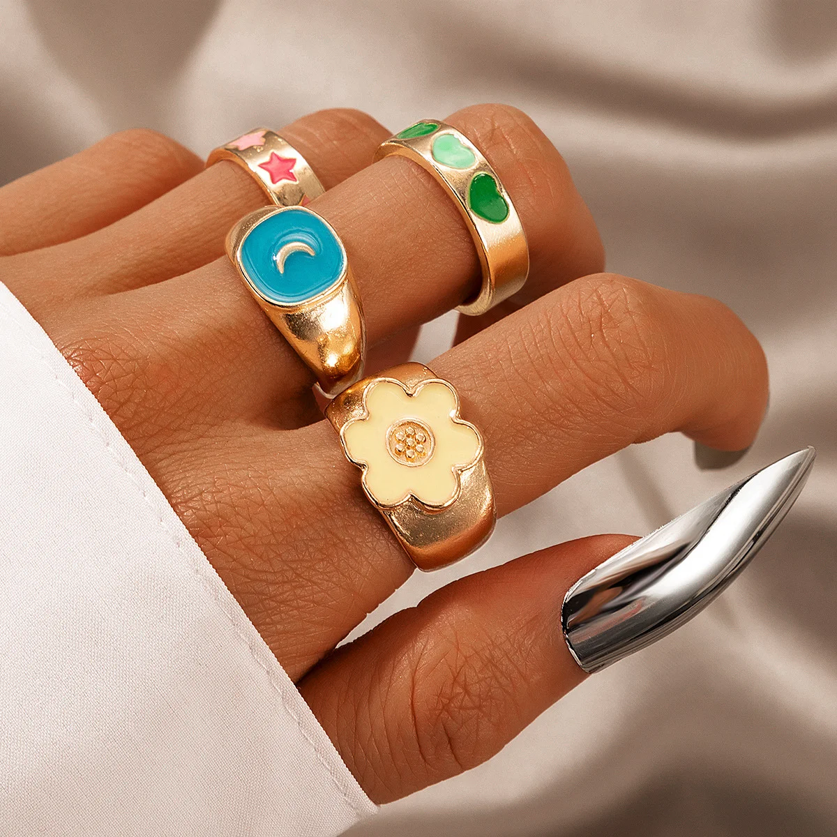 

New 2021 trendy retro bohemian oil drip heart moon & star metal rings jewelry women alloy colorful knuckle ring set wholesale