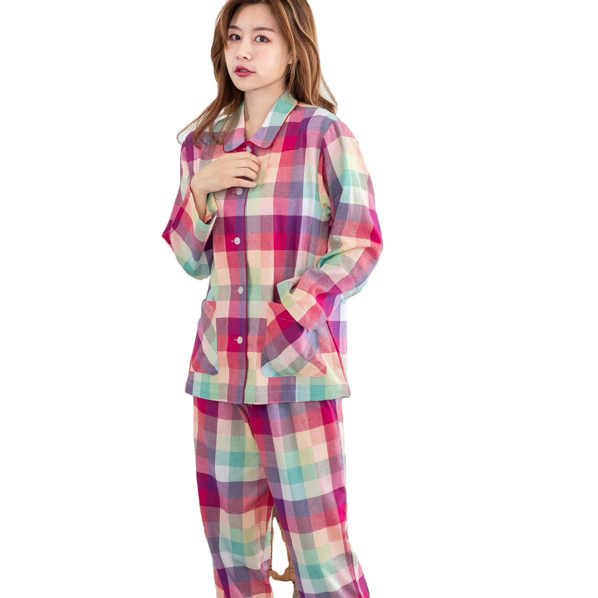 

Pajamas Wholesale Winter Autumn Sleepwear Pajamas 2 Pieces Rainbow Flannel for Women Long Sleeve Cotton Pajamas set, Picture color