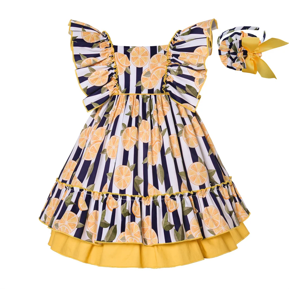 

Pettgirl Wholesale Cute Children Dress Girl Summer 2022 Fancy Orange Printing Party Elegant Clothes Casual Kids Costume 2 to 12Y
