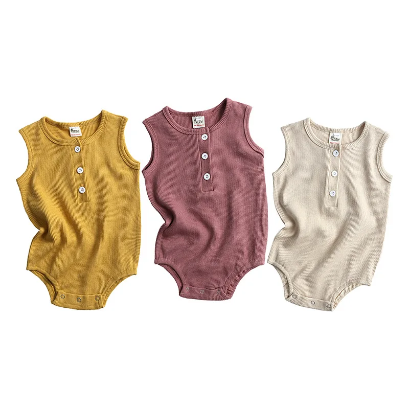 

Factory waffle cotton sleeveless baby bodysuit wholesale snap button baby bodysuit, White,,yellow , pink