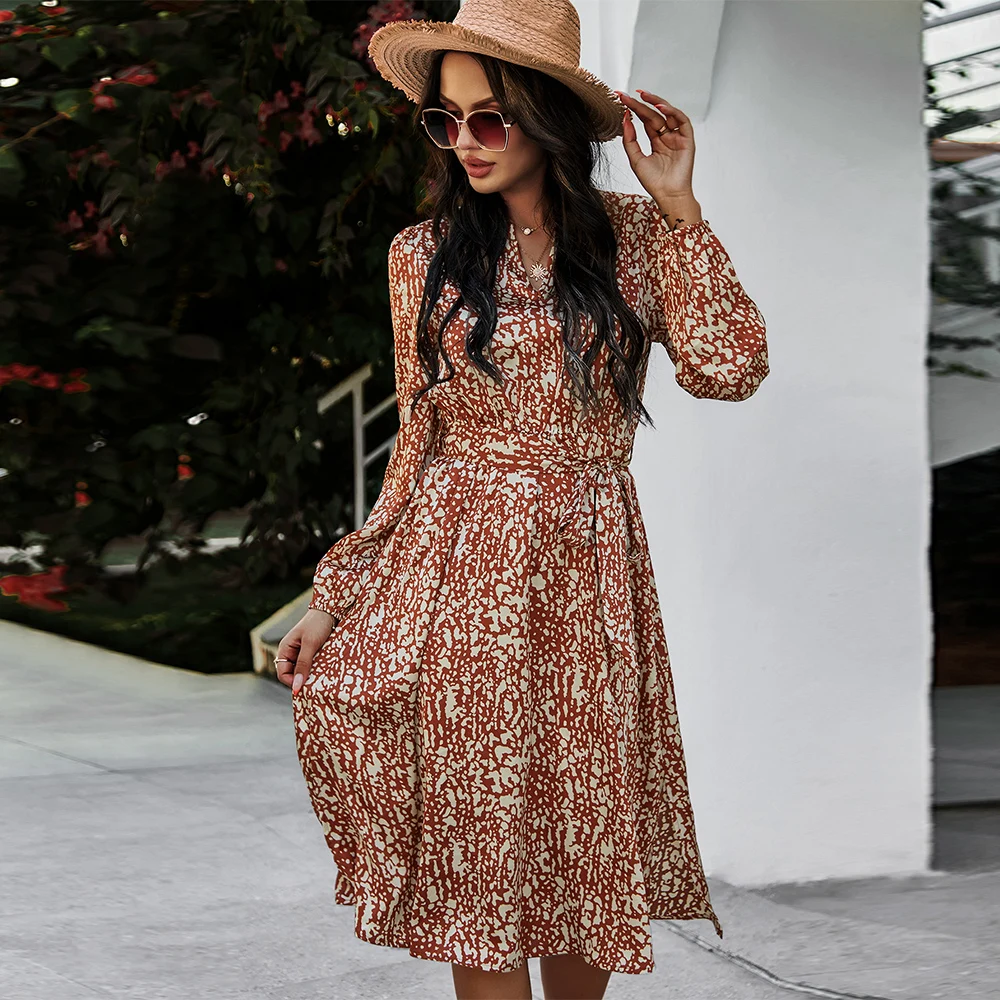 

Spring Vintage Print Midi Dress Fashion Women Elegant Temperament Leopard Print Long Sleeve V-neck High Waist Dress, As show