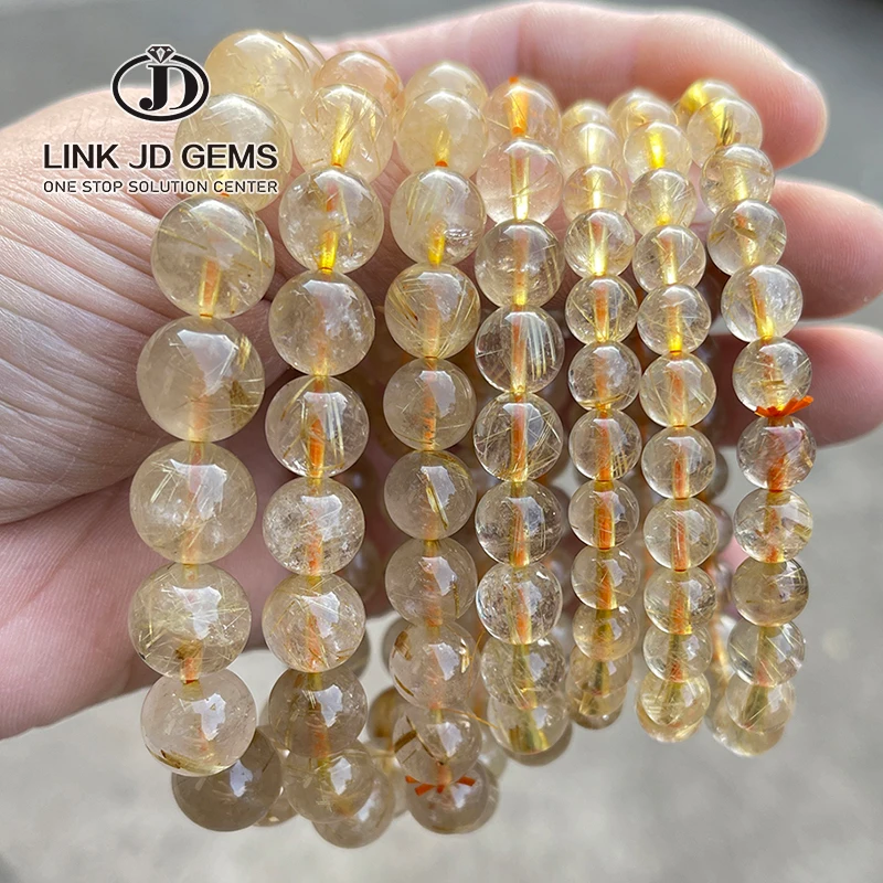 

JD Luxury Natural Precious Stone Crystals Beads Bracelet 2A Natural Gold Rutilated Quartz Bracelet for Men Women Bracelet