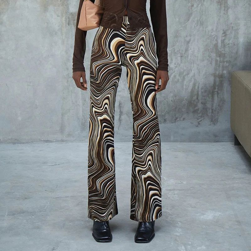 

Women The New Vortex Water Ripple Printing Contrast Color High-Waist Slim Straight-Leg Pants Trousers
