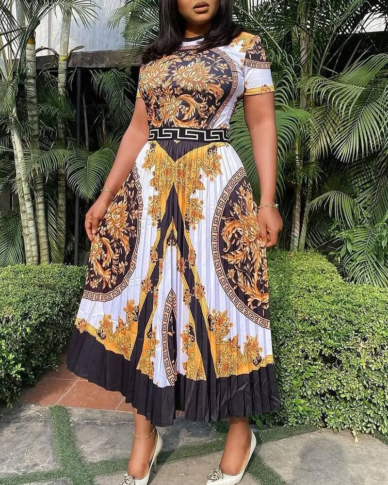 

New large size fashion high waist long skirt designer quality product printing temperament pleated women's dress, Customized color